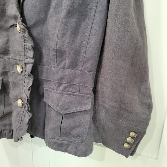 Anthropologie HEI HEI Landmark 3 Button Ruffled 100% Linen Blazer Jacket Size 6 - Picture 5 of 11